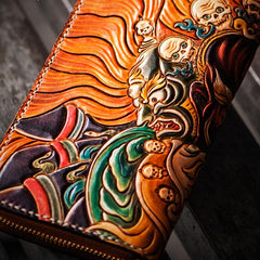 Handmade Leather Tooled Mahākāla Mens Zipper Long Wallet Cool Leather Wristlet Wallet for Men