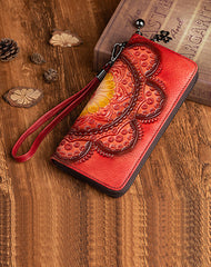 Womens Floral Red Leather Wristlet Wallet Flower Zip Around Wallets Floral Ladies Zipper Clutch Wallets for Women