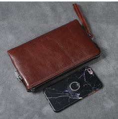 Black Leather Mens Brown Business Long Wallet Clutch Bag Wristlet Wallet For Men