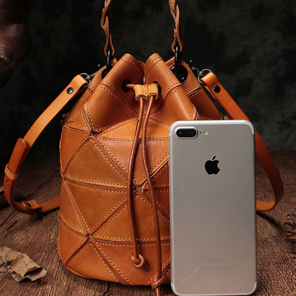 Stylish Leather Brown Bucket Handbag Shoulder Bag Green Barrel Purse For Women