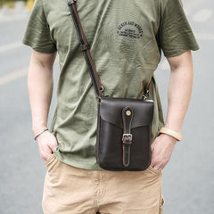 Dark Brown Vintage Leather Mens Small Messenger Bag Waist Bag Belt Pouch Bag For Men