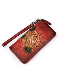 Womens Brown Leather Zip Around Wallet Peony Flower Wristlet Wallet Floral Ladies Zipper Clutch Wallet for Women