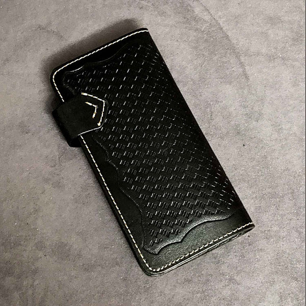 Badass Black Handmade Leather Men's Long Biker Wallet Bifold Tooled Long Wallet WG01352011