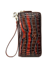 Crocodile Pattern Black&Red Leather Wristlet Wallet Womens Zip Around Wallets CONTRAST COLOR Ladies Zipper Clutch Wallets for Women