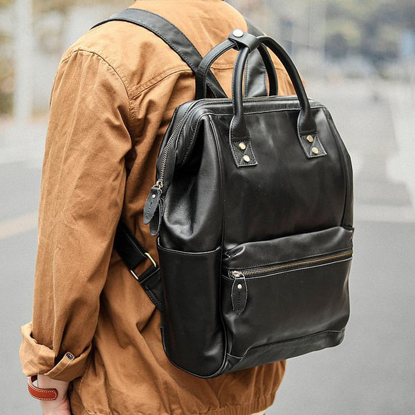 Cool Black Leather Mens Travel Backpack Work - Back View