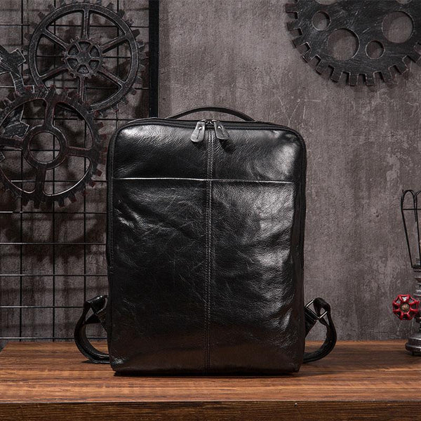 Black Cool Mens Leather Backpack Travel Backpack Leather 15inch Laptop Backpack REAL03791006
