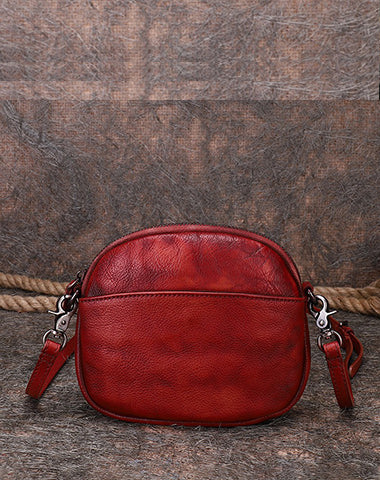 Vintage Small Leather Womens Round Red Shoulder Bag Handmade Around Crossbody Purse for Ladies