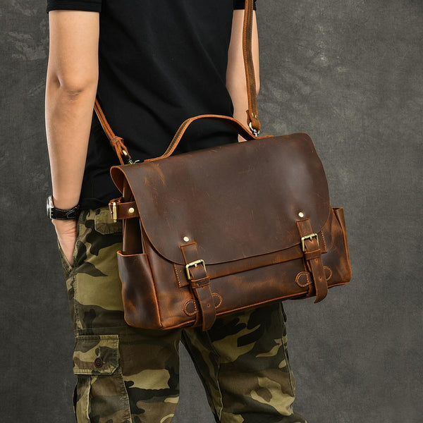 Leather Mens Brown Briefcase 12'' Laptop Briefcase Crossbody Side Bag Shoulder B 24J03691084