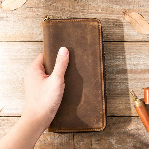 Brown Vintage Cool Mens Zipper long Wallet Leather Wallet Bifold Long Wallets Clutch for Men