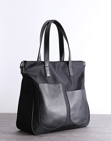 Black Womens Nylon Leather Shopper Tote Womens Nylon Shoulder Tote Black Nylon Handbag Purse for Ladies