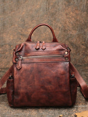 Vintage Coffee Leather Rucksack Womens School Backpack Ladies Leather Backpack Purses