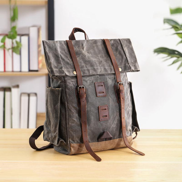 Waxed Canvas Leather Mens 16‘’ Army Green Backpack Travel Backpack Gray Hiking B JCYC01991075