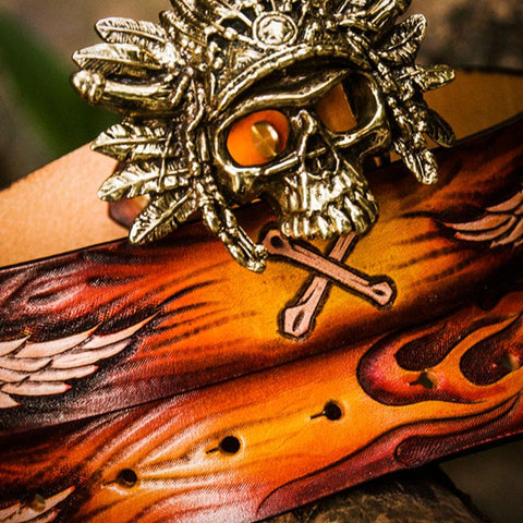 Handmade Cool Brown Leather Tooled Skull Mens Belt Leather Men Belt for Men