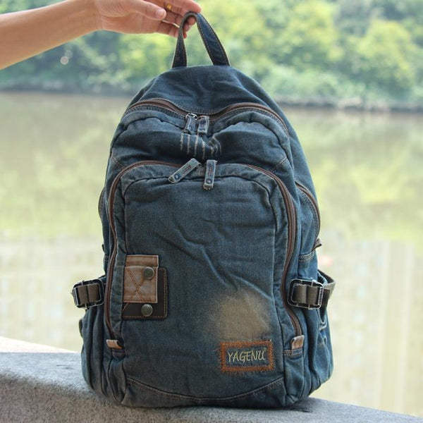 Denim Blue Mens 15 inches Backpack Laptop Backpack Jean Travel Backpacks For Men AIZ01801039