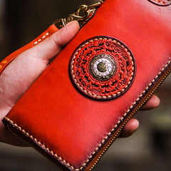 Handmade Leather Mens Tibetan Chain Biker Wallet Cool Leather Wallets Long Clutch Wallets for Men