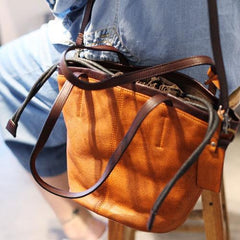 Leather Drawstring Bucket Bag Tan Bucket Shoulder Bag - Annie Jewel