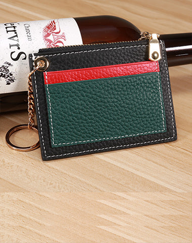 Slim Womens Patchwork Black Leather Card Wallets with Keychain Cute Zip Card Holder Wallet for Women