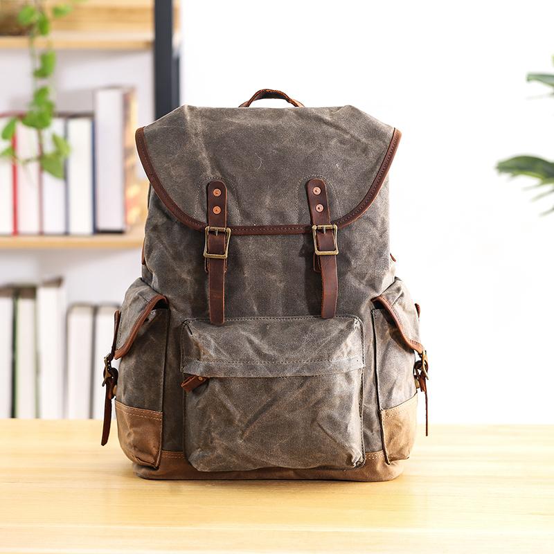 Waxed Canvas Leather Mens Army Green 15‘’ Large Backpack Travel Backpack College Backpack for Men