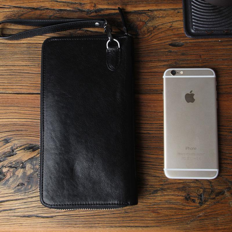 Genuine Leather Mens Cool Long Leather Wallet Biker Wallet Zipper Clutch Wristlet Wallet for Men
