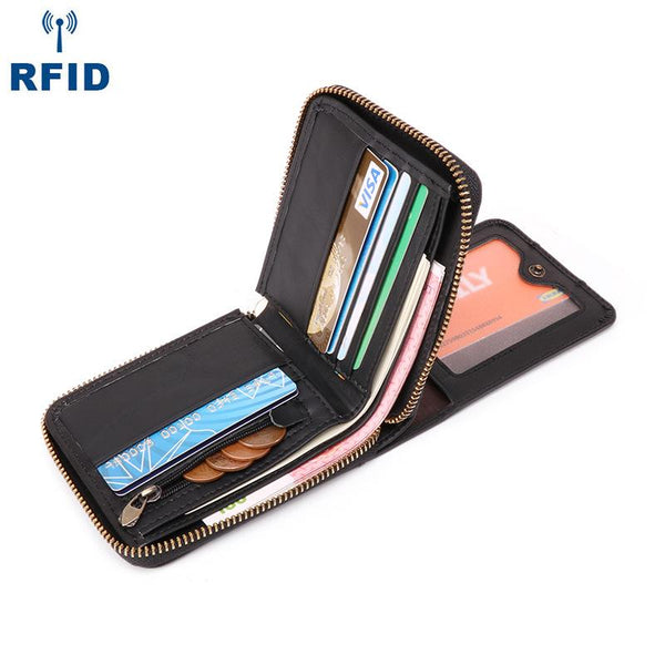 Open camel leather zip-around billfold wallet with cards and RFID badge, Italian cowhide