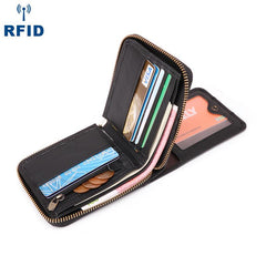 Fashion RFID Black Leather Men's Zipper Small Wallet Brown Zipper billfold Wallet For Men