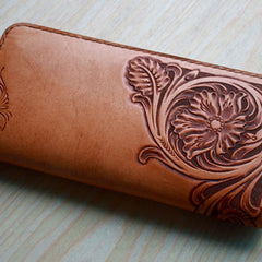 Handmade Leather Vintage Tooled Floral Mens Long Wallets Cool Long Wallet for Men