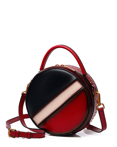 Womens Red Leather Round Handbag CONTRAST COLOR Crossbody Purse Red Round Shoulder Bag for Women