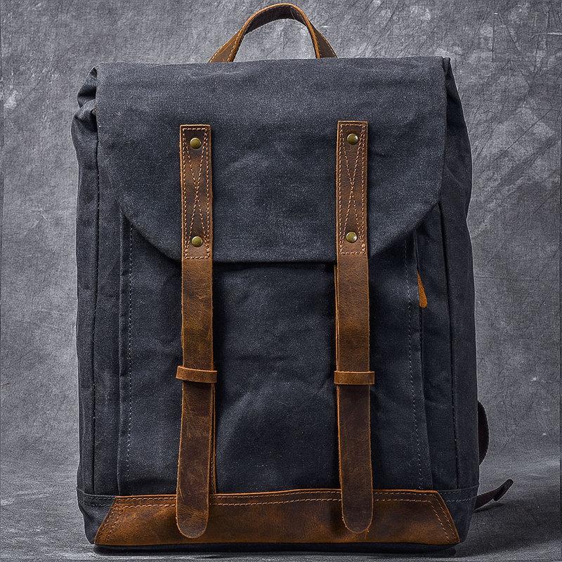 Waxed Canvas Leather Mens 15" Gray Computer Backpack Brown Travel Backpack College Backpack for Men