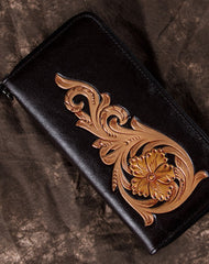 Handmade Floral Red Leather Wristlet Wallet Womens Zip Around Wallets Flowers Ladies Zipper Clutch Wallet for Women