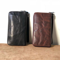 Genuine Leather Mens Cool Long Leather Wallet Zipper Clutch Wristlet Wallet for Men