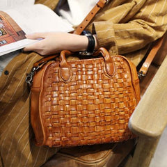 Best Leather Handbags Weaved Brown Leather Tote Handbag - Annie Jewel