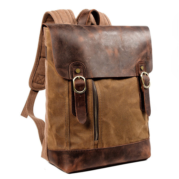 Waxed Canvas Leather Mens 14'' Waterproof Black School Backpack Green Travel Bac MCCY01891050
