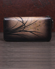 Womens Brown Leather Zip Around Wallet Wash Painting Flowers Wristlet Wallet Ladies Zipper Clutch Wallet for Women