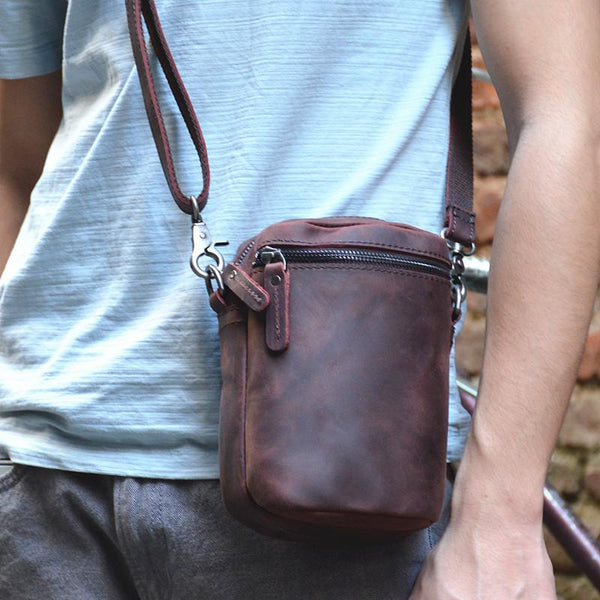 Leather Men's Brown Small Shoulder Bag Mini - Back View