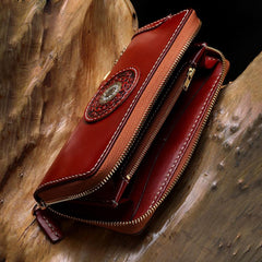 Handmade Leather Mens Chain Biker Wallet Tibetan Cool Leather Wallet Long Phone Wallets for Men