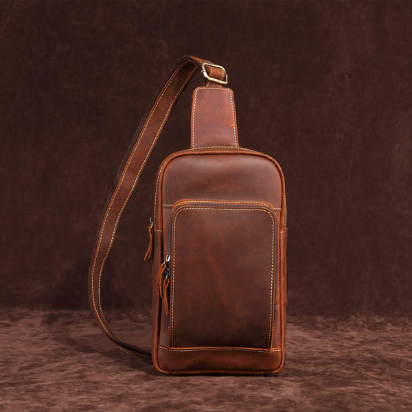 Brown One Strap Backpack For Men Leather Men's Sling Bag Sling Pack Leather Ches FY01682023