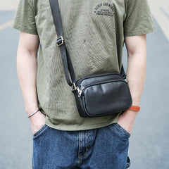 Black Leather Mens Small Courier Bag Messenger Bag Mini Postman Bag For Men