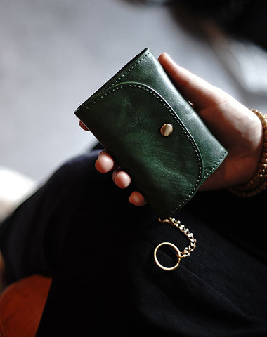 Cute Women Green Leather Mini Wallet with Keychain Billfold Minimalist Coin Wallet Small Zip Change Wallet For Women
