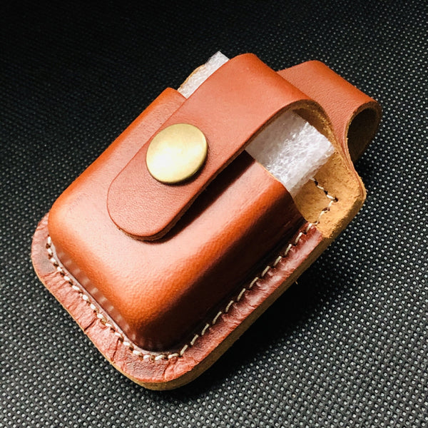 Light Brown Handmade Leather Mens Black Zippo - Back View