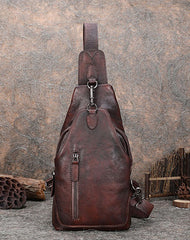 Black Gray Mens Sling Bag Vintage Leather - Open View