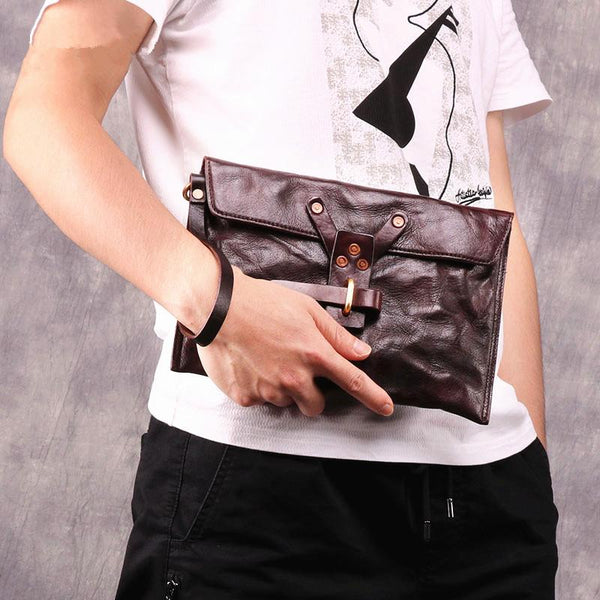 Chocolate Leather Mens Clutch Wristlet Wallet Bag - Back View
