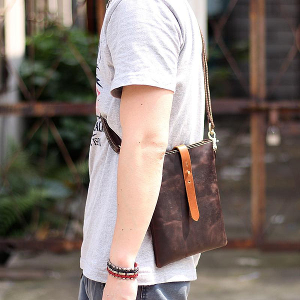 Dark Coffee Leather Mens Small Vertical Courier Bag Messenger Bags Black Small P ZOY0189098