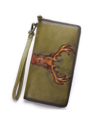 Vintage Reindeer Gray Leather Wristlet Wallets Womens Zip Around Wallet Reindeer Ladies Zipper Clutch Wallets for Women