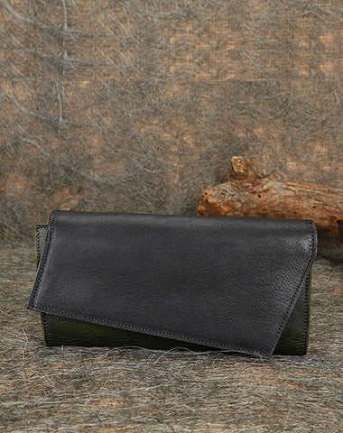 Black&Green Womens Geometry Leather Trifold Long Wallet Vintage Clutch Wallet for Ladies