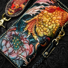 Handmade Leather Tooled Carp Mens Chain Biker Wallet Cool Leather Wallet Long Phone Wallets for Men
