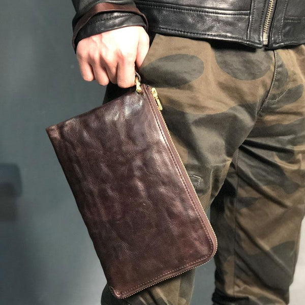 Handmade Genuine Leather Mens Clutch Cool Slim Wallet Zipper Clutch Wristlet Wal YBL02981105