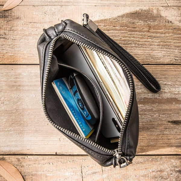Black Leather Mens Long Zipper Clutch Wallet Wristlet Bag Long Wallet Phone Purs HB01091087