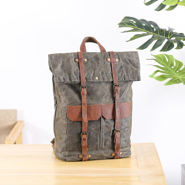 Waxed Canvas Leather Mens 15‘’ Green Waterproof Backpack Khaki Travel Backpack H JCYC01891052