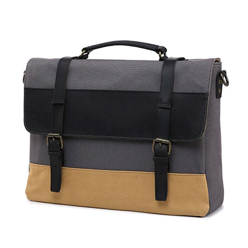 Mens Canvas Leather Briefcase Handbag Work Bag Business Bag for Men