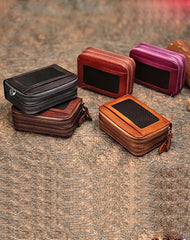 Vintage Women Brown Leather Card Holders Small Double Zip Card Wallet Small Wallet For Women